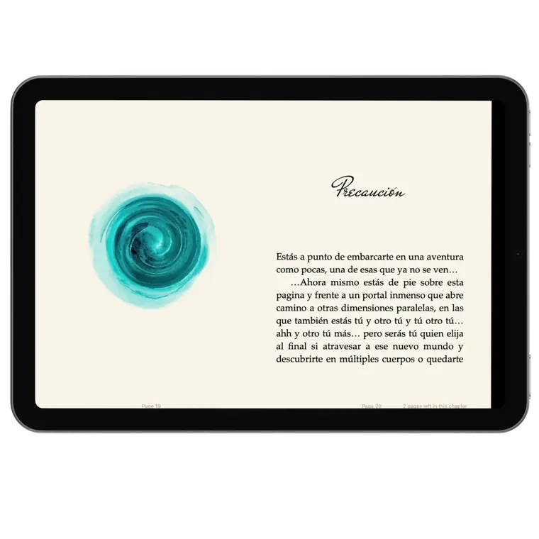 Página “Precaución” del libro en una tablet