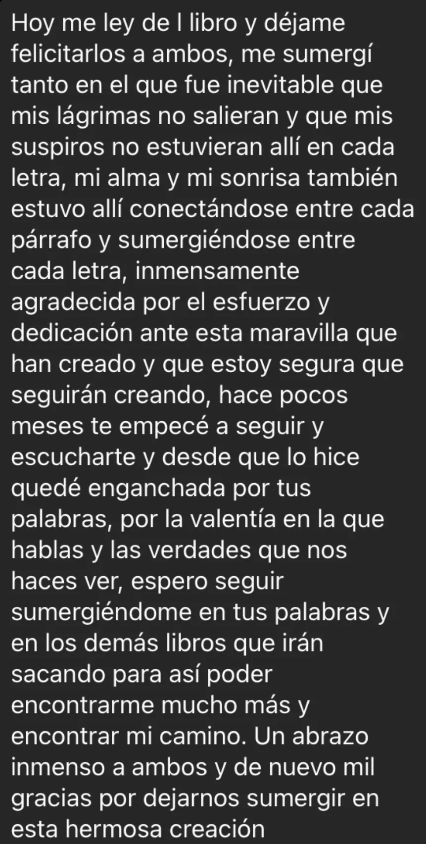 Mensaje de una lectora sobre El Umbral de Agua
